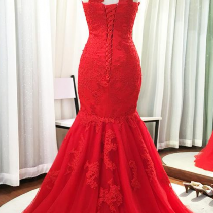 Halter Neck Mermaid Red Tulle Prom Dress Lace..