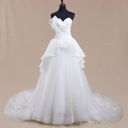 Strapless A-line White Tulle Wedding Dess Lace..