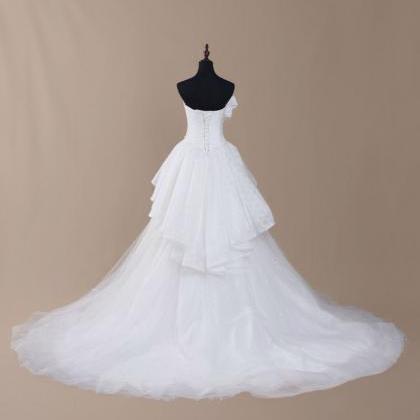 Strapless A-line White Tulle Wedding Dess Lace..