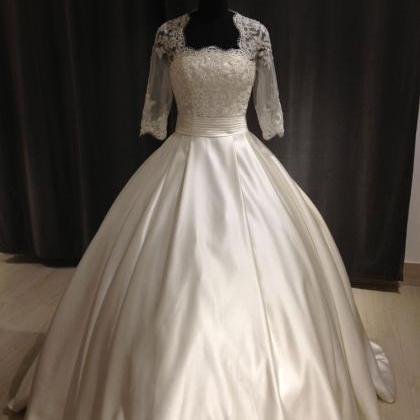 Half Sleeves Ball Gown Satin Wedding Dress Lace..
