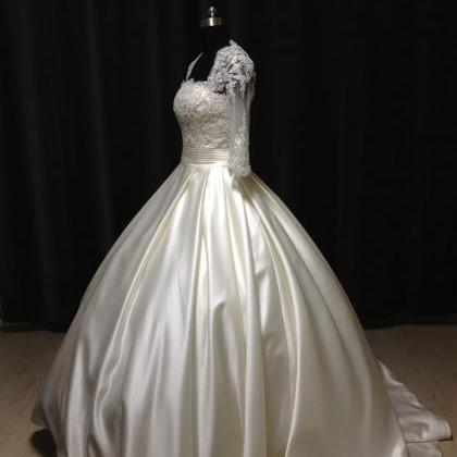 Half Sleeves Ball Gown Satin Wedding Dress Lace..