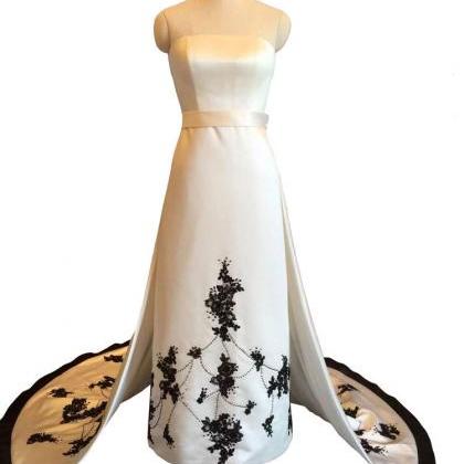 Embrodiery White Satin Wedding Dress Black..