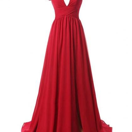 Spaghetti Straps Long Red Chiffon Prom Dress..