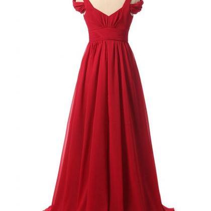 Spaghetti Straps Long Red Chiffon Prom Dress..