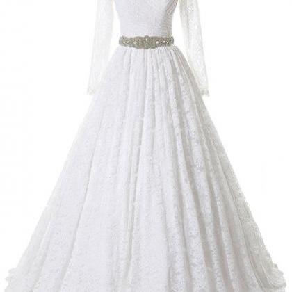 Long Sleeves Scoop Neck White Lace Wedding Dress..