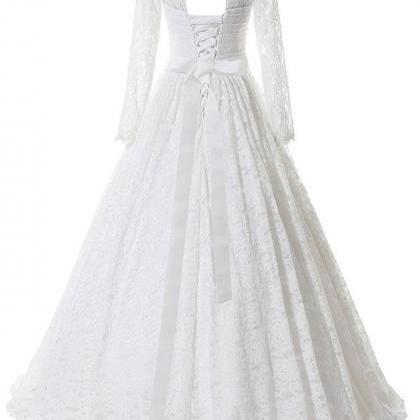 Long Sleeves Scoop Neck White Lace Wedding Dress..