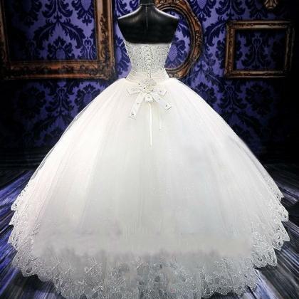 Strapless A-line White Tulle Wedding Dress Lace..