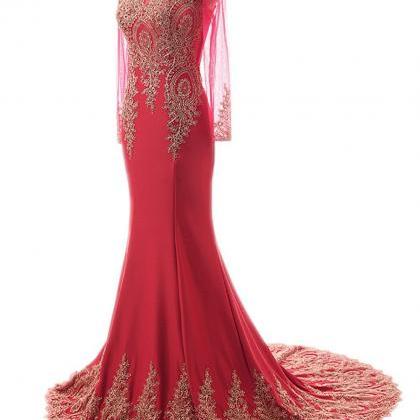 Long Sleeves Mermaid Chiffon Prom Dress Golden..
