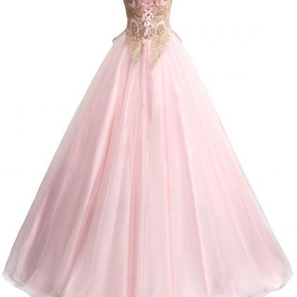Strapless A-line Long Tulle Pink Prom Dress Golden..