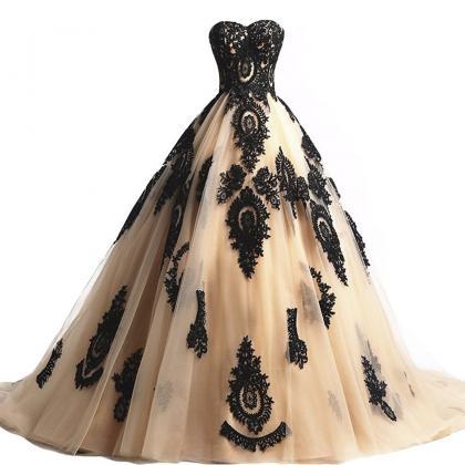 Strapless A-line Long Tulle Prom Dress, Black Lace..