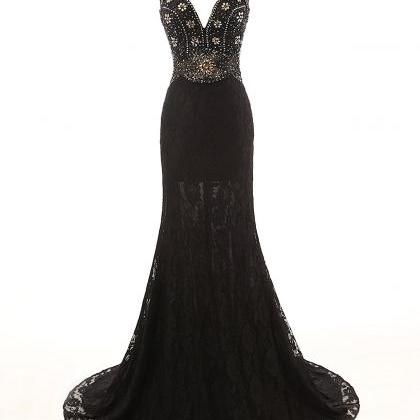 Straps Sheath Long Black Lace Prom Dress Beaded Floor Length Women ...