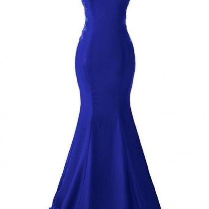 Royal Blue Mermaid Satin Prom Dress Scoop Neck..