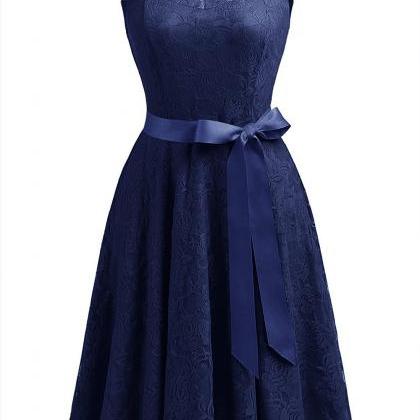 Navy Blue Chiffon Homecoming Dress Scoop Neck Lace..