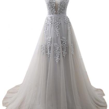 V Neck A-line Light Gray Tulle Prom Dress Lace..