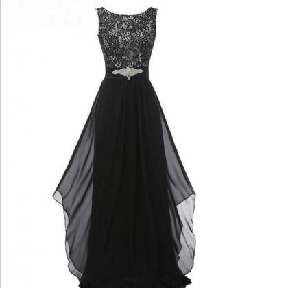 Scoop Neck Long Black Chiffon Prom Dress Lace..
