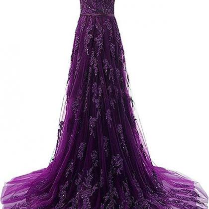 One Shoulder A-line Long Tulle Prom Dress Lace..
