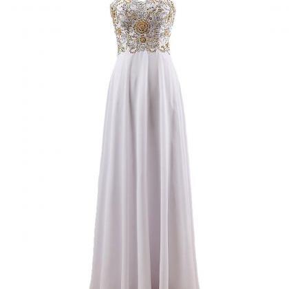 Strapless A-line White Chiffon Prom Dress Beaded..
