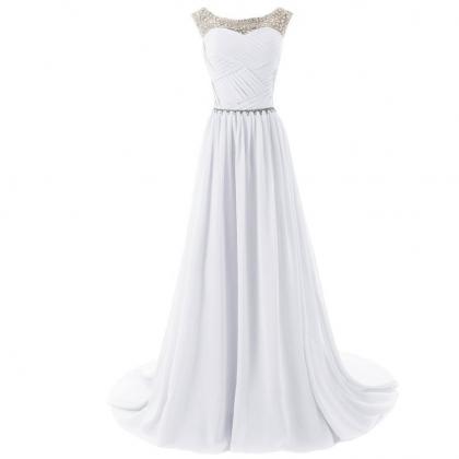 Scoop Neck Long White Chiffon Prom Dress Beaded..