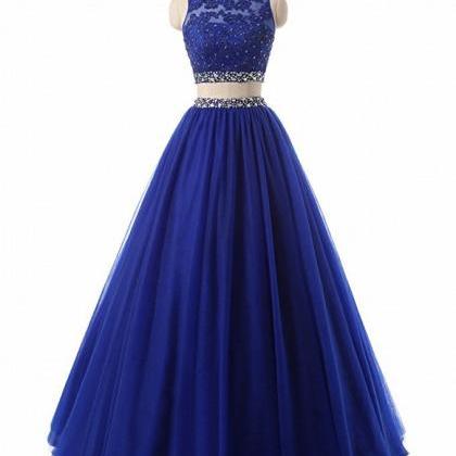 2 Pieces A-line Blue Tulle Prom Dress Beaded Floor..