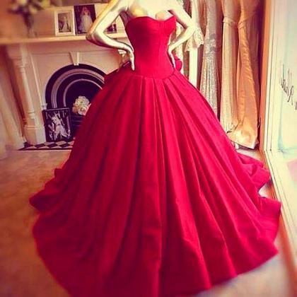Strapless Ball Gown Red Prom Dress, Long Red..