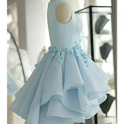 Above Knee Mini Light Blue Satin Homecoming Dress..