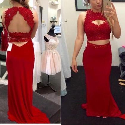 2 Pieces Long Red Prom Dress Open Back Lace Women..