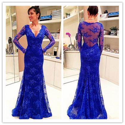 Long Sleeves Sheath Blue Lace Women Evening Dress..