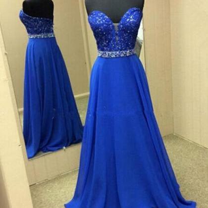 Royal Blue Satin Prom Dress Strapless Lace Beaded..