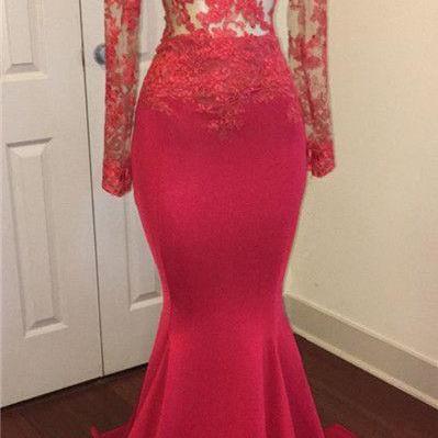 Long Sleeves Mermaid Red Satin Prom Dress Lace..