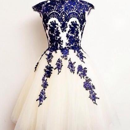 Blue Lace Appliques Short Tulle Homecoming Dresses