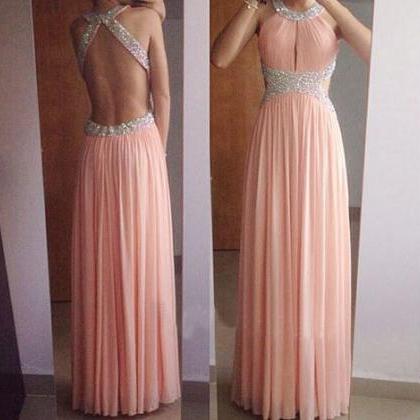 Sexy Backless Chiffon Prom Dresses Crystals Beaded..