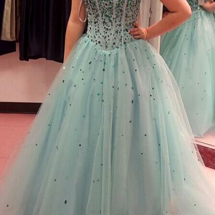 Long Tulle Prom Dresses Spaghetti Strap Crystals..