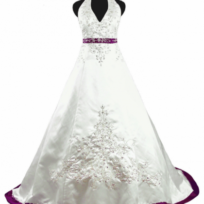 White And Purple Satin Bridal Gowns,embroidery..