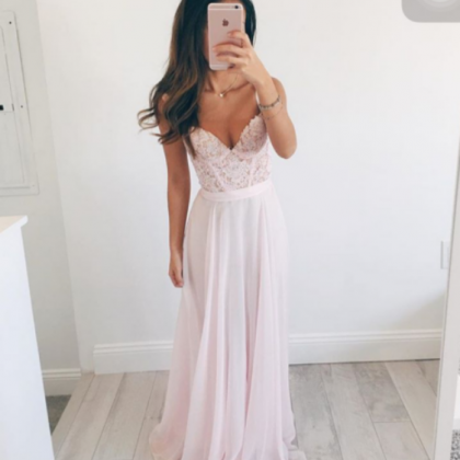 Light Pink Long Chiffon Prom Dresses Lace..
