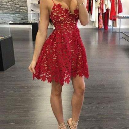 Lovely Mini Lace Prom Dresses, Spaghetti Straps..