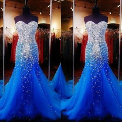 Strapless Mermaid Long Royal Blue Tulle Prom Dress Beaded Crysltas Evening Dress 