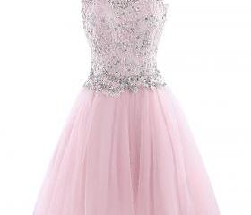 Adorable Pearl Pink Beaded Knee Length Party Dress, Pink Tulle Homecoming Dress main image 1