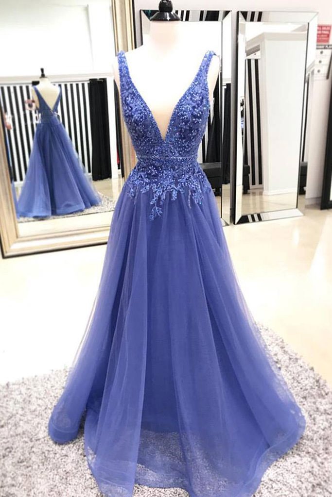 V Neck Long Tulle Blue Prom Dress Lace Appliques Women Dress