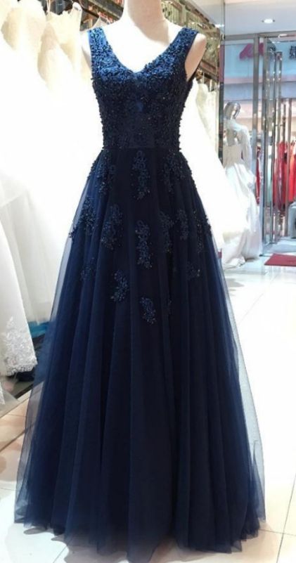 V Neck Navy Blue Tulle Prom Dress Lace Appliques Women Formal Evening Dress