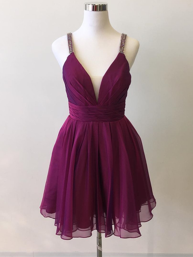 V Neck Short Purple Chiffon Homecoming Dress Spaghetti Straps Women Dress