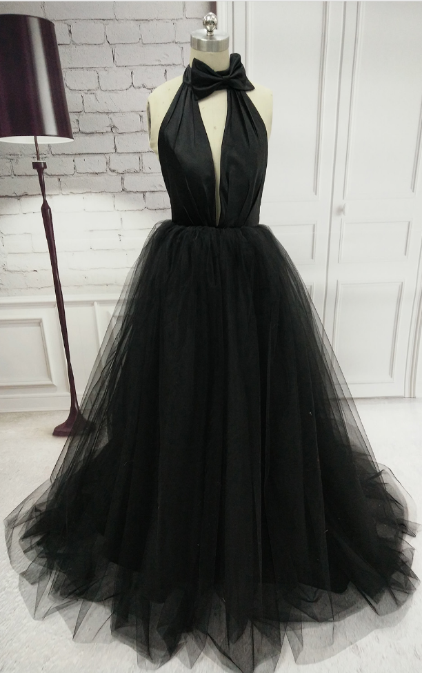 Halter Neck Long Black Tulle Prom Dress Floor Length Women Dress on Luulla