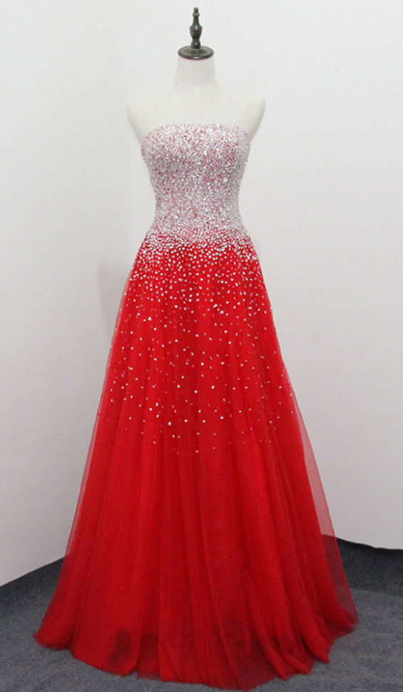 Strapless A-line Tulle Red Prom Dress Beaded Floor Length Women Dress