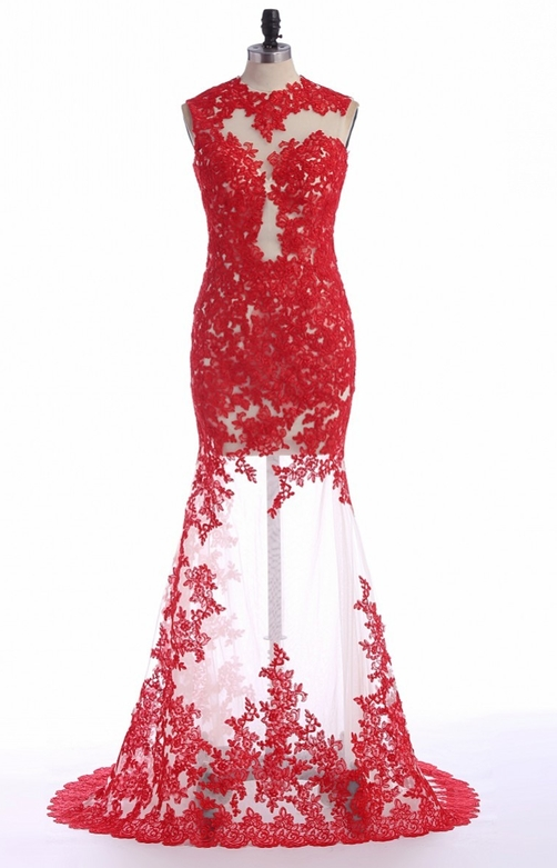 Sleeveless Mermaid Long Red Lace Prom Dress Lace Appliques Women Evening Dress 2019