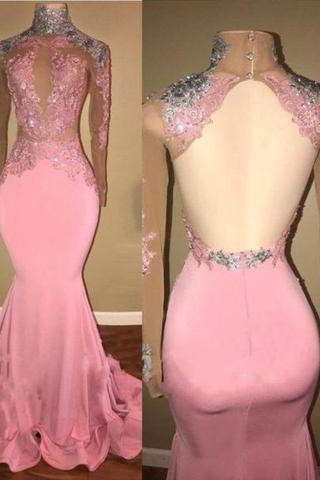 Open Back Mermaid Pink Satin Prom Dress Lace Appliques Beaded Women Evening Dress 2019
