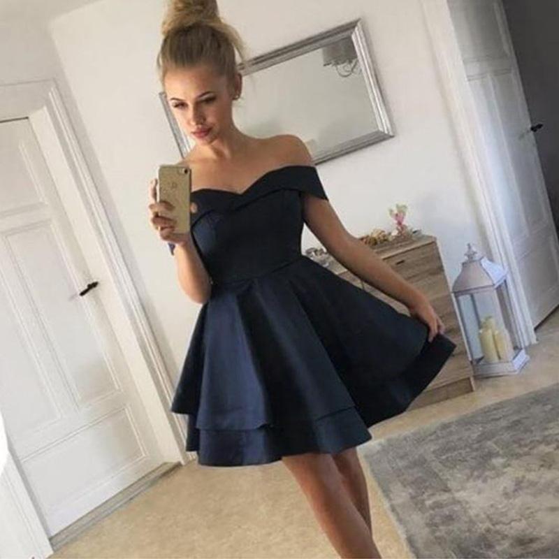 2 Layers Off The Shoulder A-line Short Satin Prom Dress Above Knee Mini Women Party Dress 2019