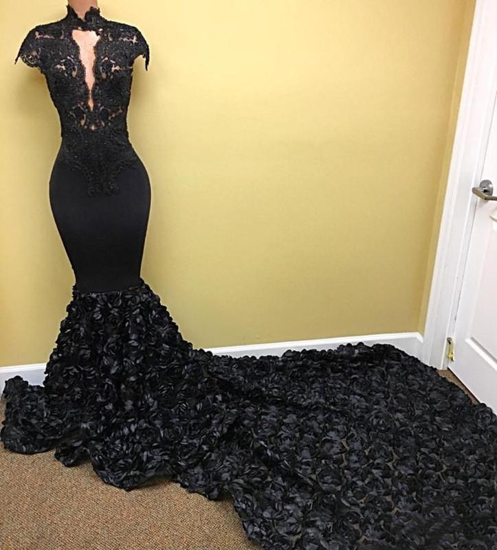 Halter Neck Mermaid Black Prom Dress Cap Sleeves Lace Appliques Women Evening Dress