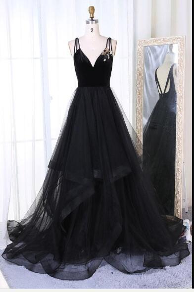 V Neck Black Tulle Prom Dress Spaghetti Straps Open Back Sexy Women Evening Dress