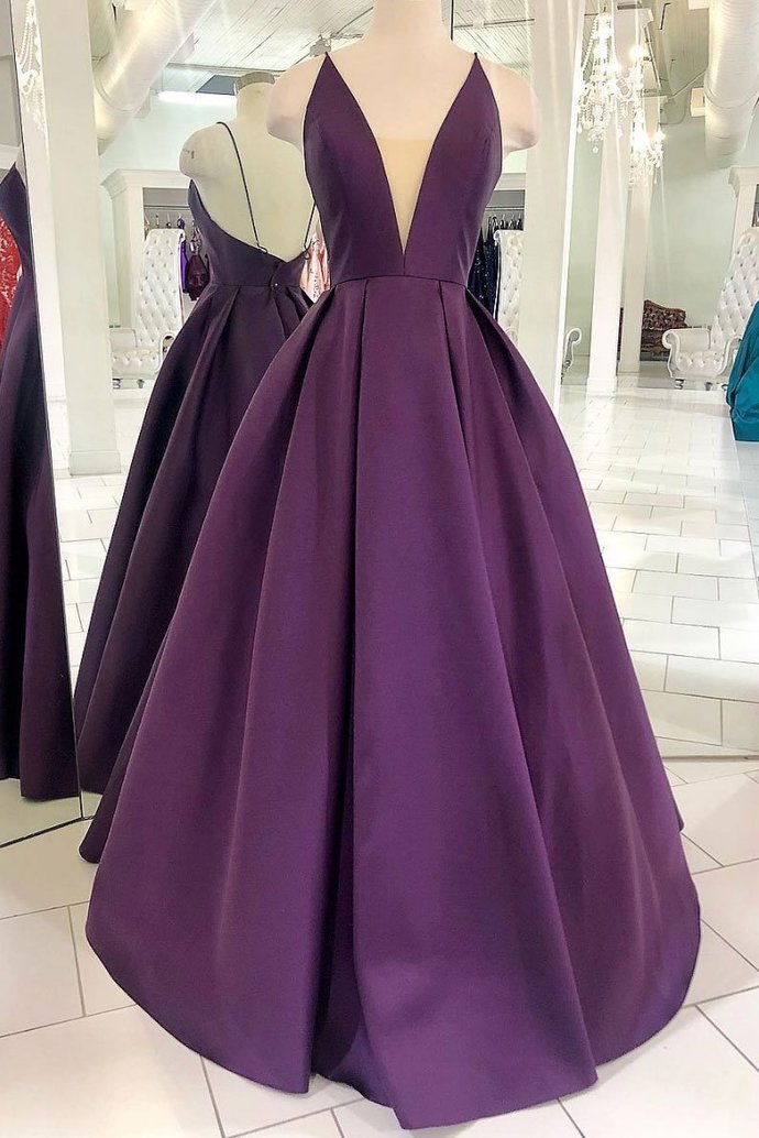 Deep V Neck Purple Satin Prom Dress Spaghetti Straps Women Evening Dress 2019