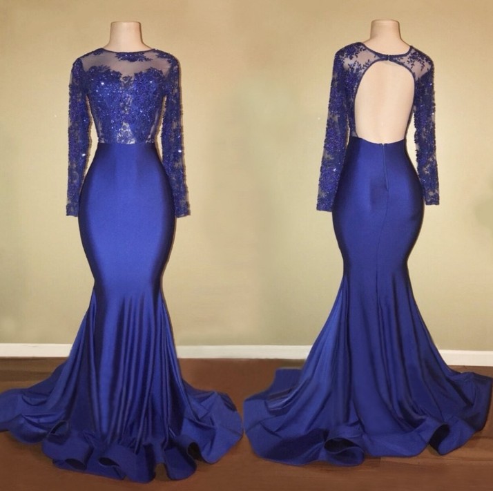 Open Back Mermaid Royal Blue Satin Prom Dress Long Sleeves Lace Appliques Scoop Neck Evening Dress
