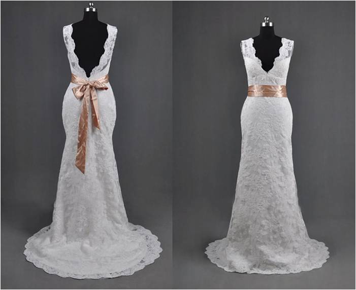 V Neck White Lace Wedding Dress Sleeveless Bow Tie Sheath Women Bridal Gowns